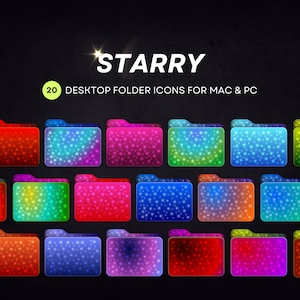 Könnte beinhalten: Zwanzig farbige Ordner-Icons mit einem Sternenhimmel-Design. Die Icons sind für die Desktop-Nutzung auf Mac und PC.