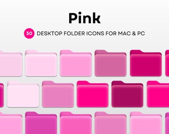 May include: 30 pink folder icons for Mac and PC. The icons are arranged in three rows of ten. The icons are different shades of pink, from light pink to dark pink.