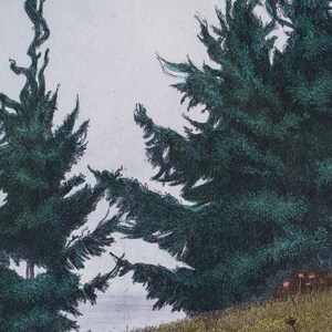 May include: A black and white print of a landscape with two evergreen trees in the foreground and a field of wildflowers in the background. The print is titled "Sea Fog" and signed by the artist.