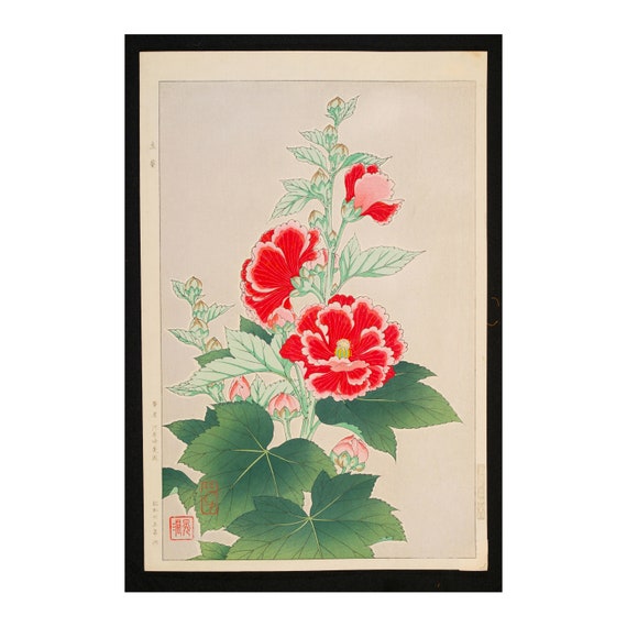 Kawarazaki Shodo, Hollyhocks, Japanese Woodblock From