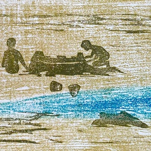ARTUNDER50! Color Woodcut of Children Playing on Beach by B. Anthony
