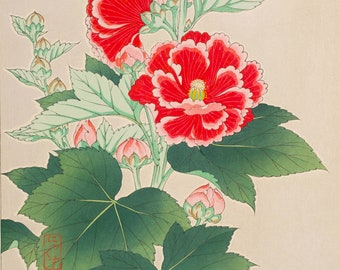 OUR LAST Kawarazaki Shodo, Hollyhocks, Japanese Woodblock From "Floral Calendar of Japan Series"
