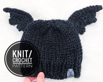 Bat Beanie PATTERN, Knit Crochet Pattern, Halloween Beanie Pattern, Pattern for Beginner, Goth Hat, Halloween Hat, Pattern for Baby, Adult