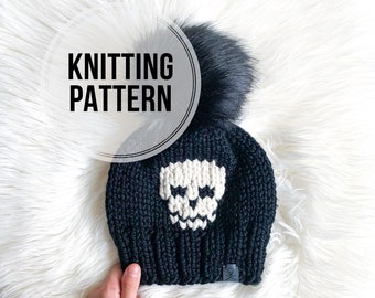 Classic Skull Beanie Knit PATTERN, Halloween Beanie, Knitting Pattern, All Sizes, Super Bulky Hat, Duplicate Stitch Knit Pattern