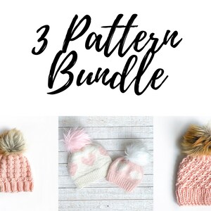 May include: Three pink and white knit hats with faux fur pom poms. The hats are arranged in a collage with the text "3 Pattern Bundle" at the top.