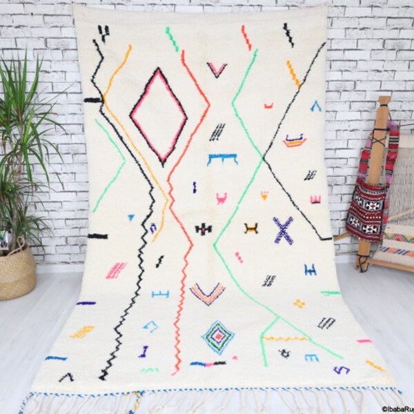 Azilal Rug-Moroccan Rug-Beni Ourain  Rug  5,2x8,6 ft-Wool Berber Carpet-Handmade Ivory Azilal Teppich
