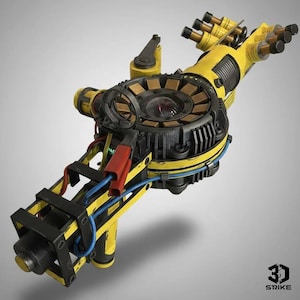 Puede incluir: Un brazo mecánico futurista, amarillo y negro, con detalles intrincados como cables, tubos y un componente central circular. El diseño incluye múltiples boquillas y una estructura compleja, sugiriendo un tema de alta tecnología o industrial.