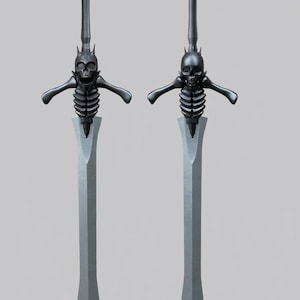 Peut inclure: Deux épées grises avec des gardes en forme de crâne et de longues lames pointues. Les gardes présentent un design de crâne avec des détails de cage thoracique et des bras étendus. Les lames sont de couleur gris clair. Les épées sont présentées sur un fond gris uni.