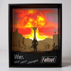 Könnte beinhalten: Gerahmtes Kunstwerk mit einer Wüstenlandschaft, einer Silhouette, einer Atompilzwolke und dem Text "War. War never changes. Fallout."