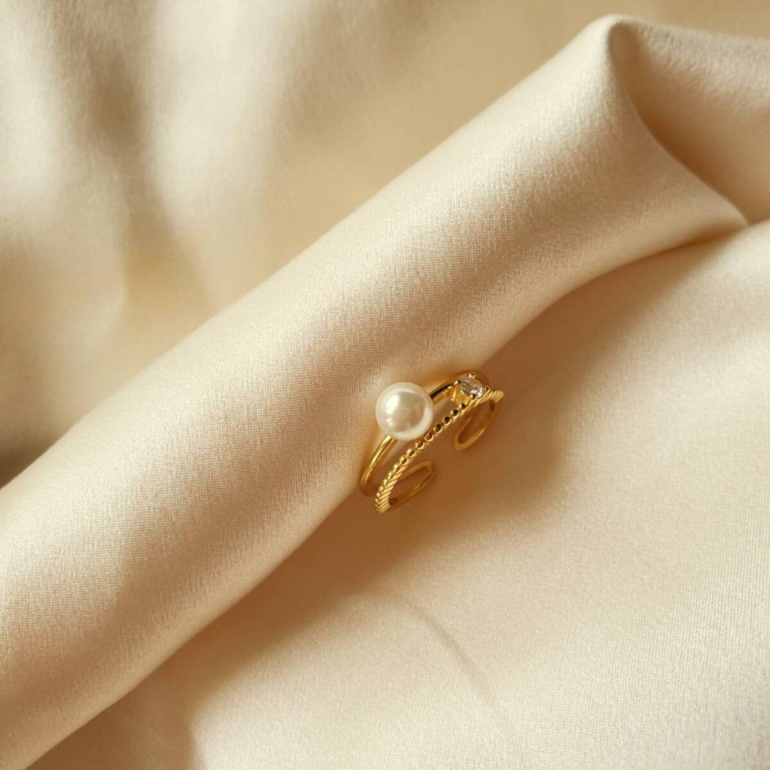 18K Gold Shell Pearl Ring: Adjustable Sterling Silver Cubic Zirconia - Etsy