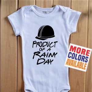 PRODUCT Of A RAINY DAY Baby Onesie ® One Piece Shirt Tee Bodysuit Future Construction Worker Lineman Electrician Carpenter Funny Shower Gift