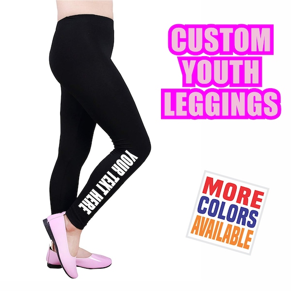 CUSTOM YOUTH LEGGINGS Black Pants Yoga Gym Dance Lower Side Leg Your Text Here Personalized Customized Printed Kids Girl Gift School Name