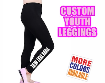 CUSTOM YOUTH LEGGINGS Black Pants Yoga Gym Dance Lower Side Leg Your Text Here Personalized Customized Printed Kids Girl Gift School Name