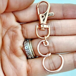 May include: A rose gold key chain with a lobster clasp and two connected rings.