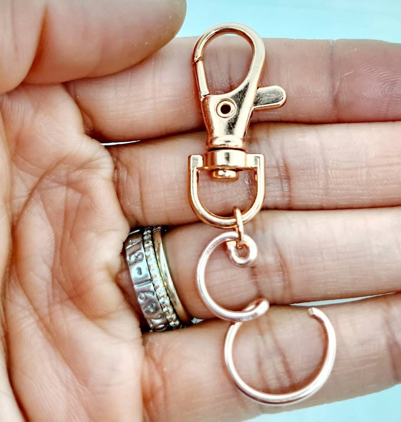 May include: Rose gold key chain with a lobster clasp and two connected rings.