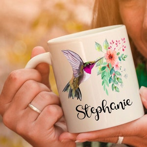 Personalized Watercolor Hummingbird Coffee Mug, Custom Name Humming Bird Cup, Customized Gift for Hummer Bird Lover, Best Friend & Employees