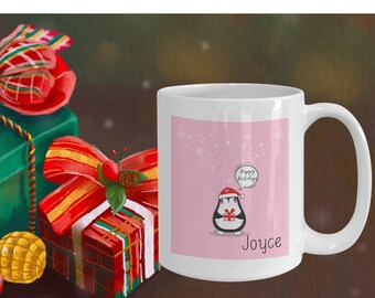 Personalized Penguin Holiday Mug, Custom Name Bird Lover Winter Season Tea Cup, Christmas Gift for Niece Granddaughter Daughter Goddaughter