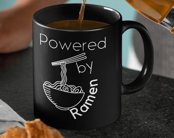 Powered By Ramen Noodles Black Coffee Mug, Ramen Lover Tea Cup, Gift For Ramen Addict