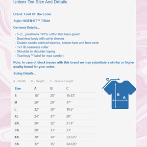 Peut inclure: Un graphique blanc pr&eacute;sente les tailles et les d&eacute;tails d'un t-shirt unisexe. La marque est Fruit Of The Loom, et le style est HIDENSIT TShirt. Le tableau des tailles comprend des mesures en pouces pour la largeur, la hauteur et la longueur des manches, de la taille S &agrave; 5XL.