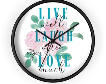 Personalized Family Name Live Well Laugh Often Love Much Pretty Pink Roses Kitchen Wall Clock, Customizable Inspirational Flower Home Decor