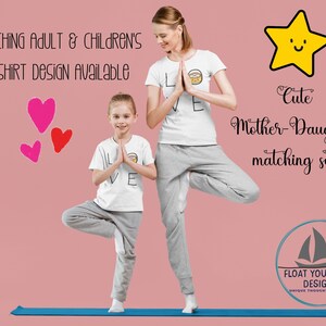 May include: A mother and daughter wearing matching white t-shirts with the word "LOVE" and a graphic. The image includes text that says "Matching Adult & Children's T-Shirt Design Available" and "Cute Mother-Daughter matching set". They are standing on a blue mat.