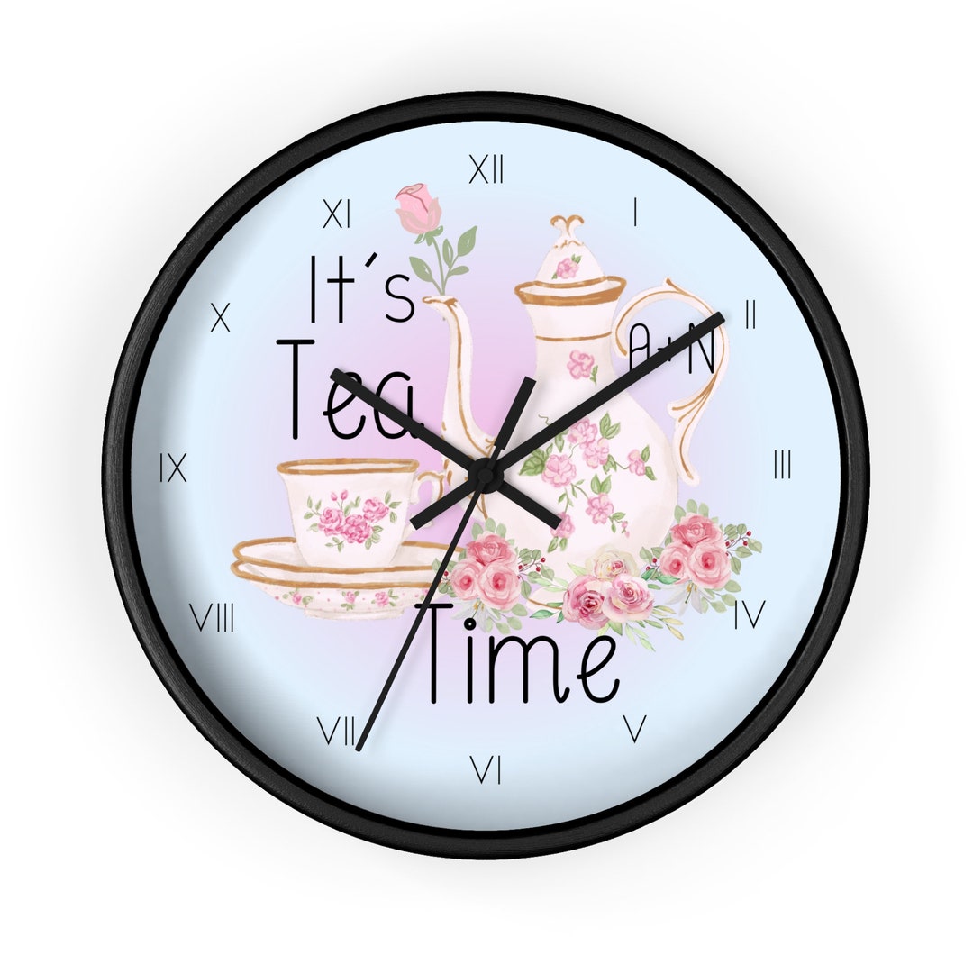 Roman Numerals Tea O'clock Cute Teacup Teapot Kitchen Wall Clock