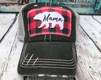 Truckers Hat | Mama Bear Hat | Mama bear Trucker Hat | Mom Hat | Buffalo Plaid Hat | Distressed Truckers Hat | Mama Hat | Baseball Hat