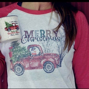 Christmas truck shirt, Red Truck Christmas Shirt, Christmas Baseball Shirt image 1