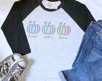 Tie dye fall shirt, grateful, thankful, blessed pumpkin shirt, tie dye pumpkin shirt, baseball style fall shirt