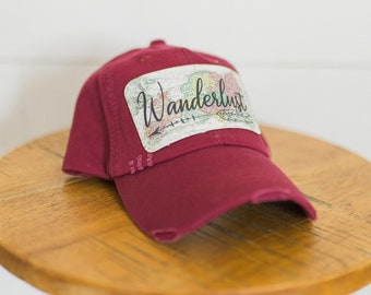 Wanderlust Hat | Baseball Hat | Travel Hat | Adventurer Hat | Wanderlust | Gift | Map Hat | Dad Hat | Distressed Hat | Adjustable Hat