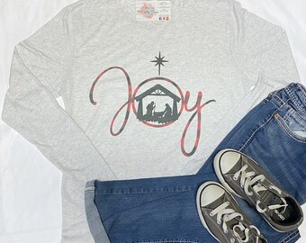 Joy nativity shirt, joy Christmas shirt, Buffalo plaid Christmas long sleeve shirt, baby Jesus joy shirt