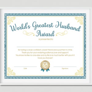 World&#39;s Greatest Husband Award, print, download, digital file, gift for him, printable, decor, wall art, valentines day gift, anniversary