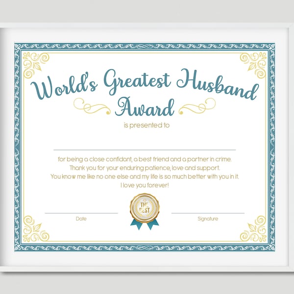 World's Greatest Husband Award, print, download, digital file, gift for him, printable, decor, wall art, valentines day gift, anniversary