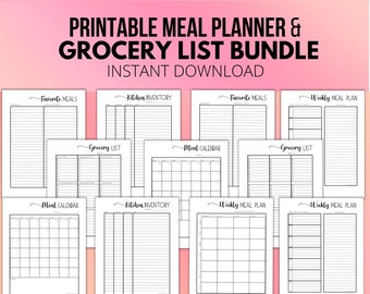 Meal Planner & Grocery List Printable Planner with Kitchen Inventory. Help your Monthly Budget, Stress Relief, Time Management w/a Meal Plan
