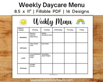 Editable Weekly Daycare Menu, Home School Menu, Preschool Menu, Weekly Menu for Daycare, Nannies, Home Daycare Meal Planner,  Fillable PDF