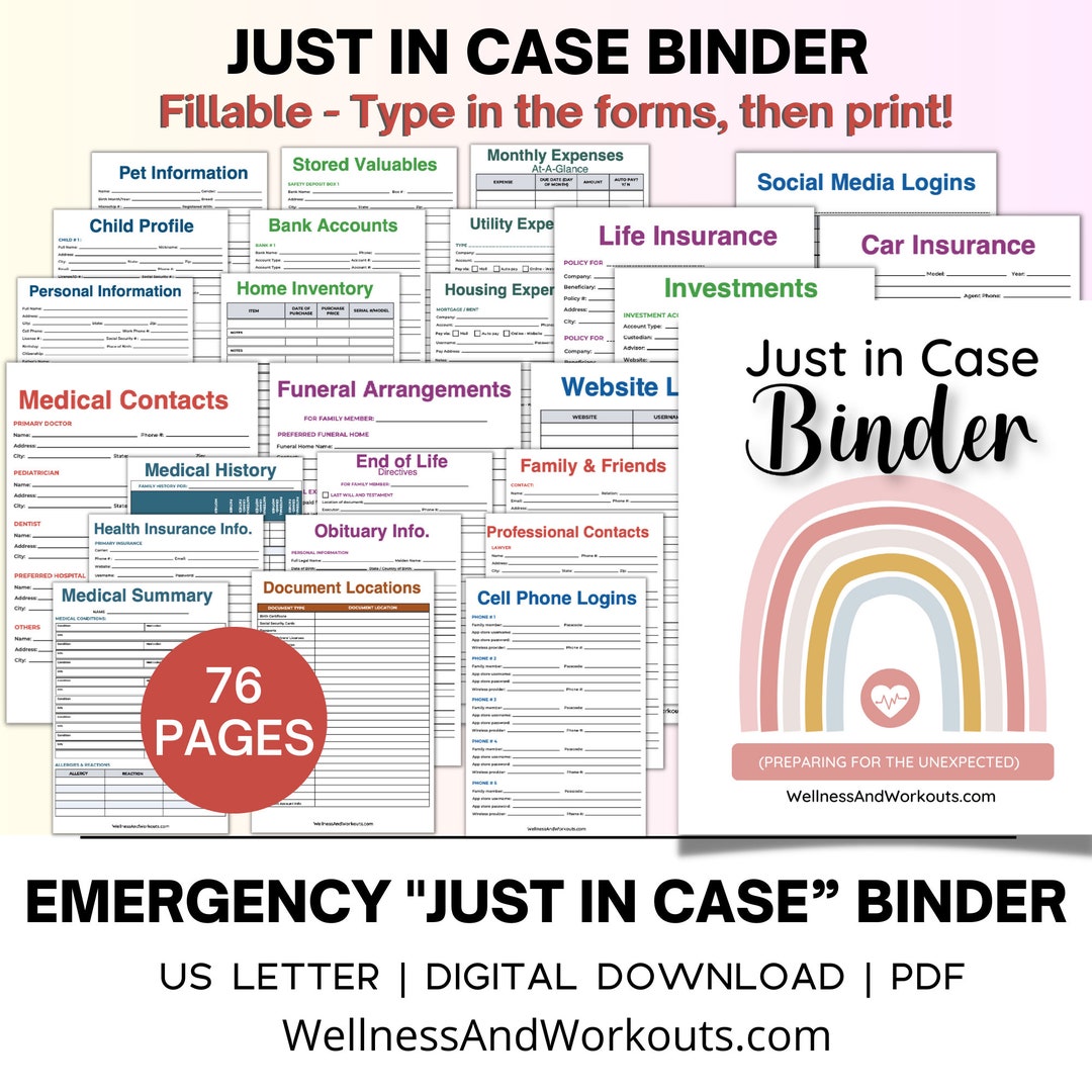 Emergency Binder Printables PDF, Fillable PDF, Just in Case Binder, If