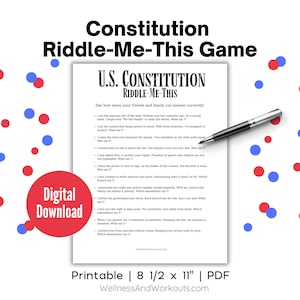 Può includere: Un documento PDF stampabile di 8,5 x 11 pollici con uno sfondo blu e rosso. Il documento è un gioco sulla Costituzione degli Stati Uniti. Il documento ha un titolo che dice "Costituzione degli Stati Uniti - Indovinami" e ha un elenco di indovinelli sulla Costituzione degli Stati Uniti.