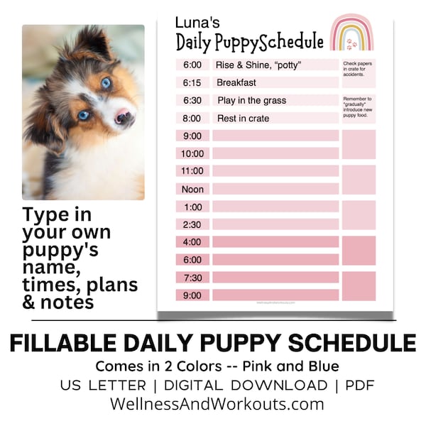 Puppy Daily Schedule, Puppy Planner, Dog Schedule, Daily Routine, Night Routine, Dog Training Log, Pet Planner, Puppy Essentials, New Puppy