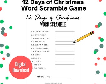 12 Days of Christmas Word Scramble, Christmas Game, Family Game Night, Group Games, Christmas Printable Games, Games for Adults, Printable