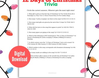 12 Days of Christmas Trivia Game, Christmas Game, Family Game Night, Group Games, Christmas Printable Games, Games for Adults, Printable