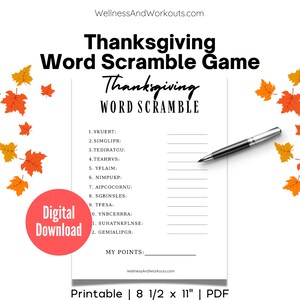 Thanksgiving Word Scramble, Thanksgiving Game, Family Game Night, Group Games, Fall Printable Games, Thanksgiving Games for Adults,