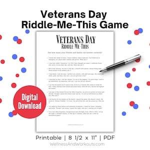 Può includere: Gioco di indovinelli stampabile del Giorno dei Veterani con cerchi rossi, bianchi e blu sullo sfondo. Il gioco include un elenco di indovinelli sulle diverse branche delle forze armate, la storia del Giorno dei Veterani e l'importanza di onorare i veterani.
