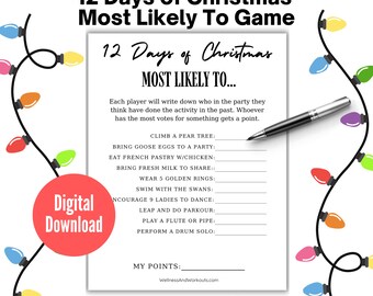 12 Days of Christmas Most Likely To Game, Christmas Game, Family Game Night, Group Games, Christmas Printable Games, Games for Adults, PDF