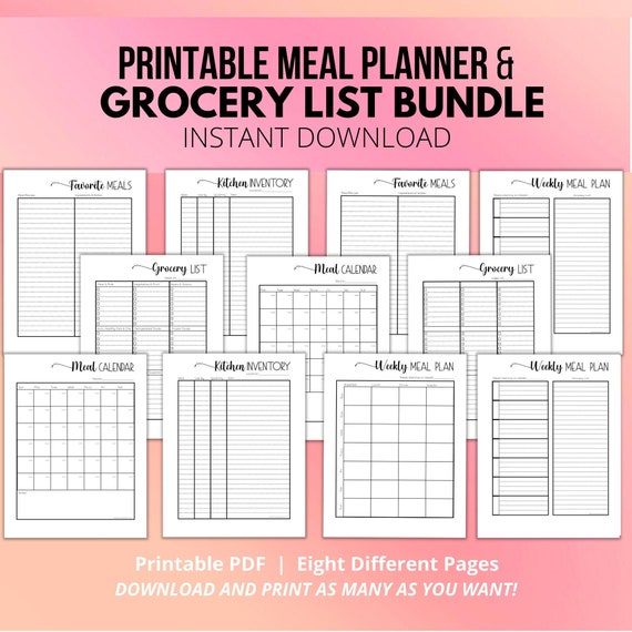 Meal Planner &amp; Grocery List Printable Planner With Kitchen - Etsy