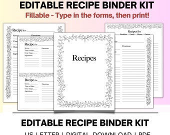 EDITABLE Recipe Binder Kit, Recipe Cards, Recipe Binder, Cookbook Template, Recipe Template, Family Recipe Book, Recipe Card Template, PDF