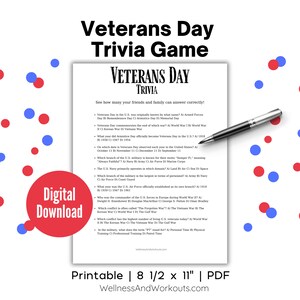 Può includere: Un gioco di quiz sul Giorno dei Veterani stampabile, con una penna blu sopra la pagina. Il gioco include domande sulla storia del Giorno dei Veterani, i diversi rami delle forze armate e le guerre che sono state combattute negli Stati Uniti. Il gioco è progettato per carta di formato 21,6 x 27,9 cm.