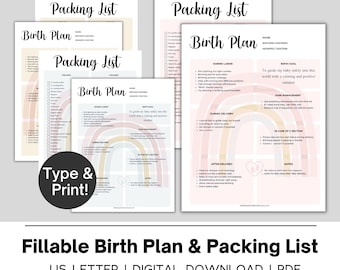 May include: Printable checklist for packing for a hospital stay and a birth plan with a rainbow design. The checklist includes items for mom and baby. The birth plan includes sections for during labor, during delivery, after delivery, and in case of a c-section. The text on the birth plan says "To guide my baby safely into this world with a calming and positive mindset."