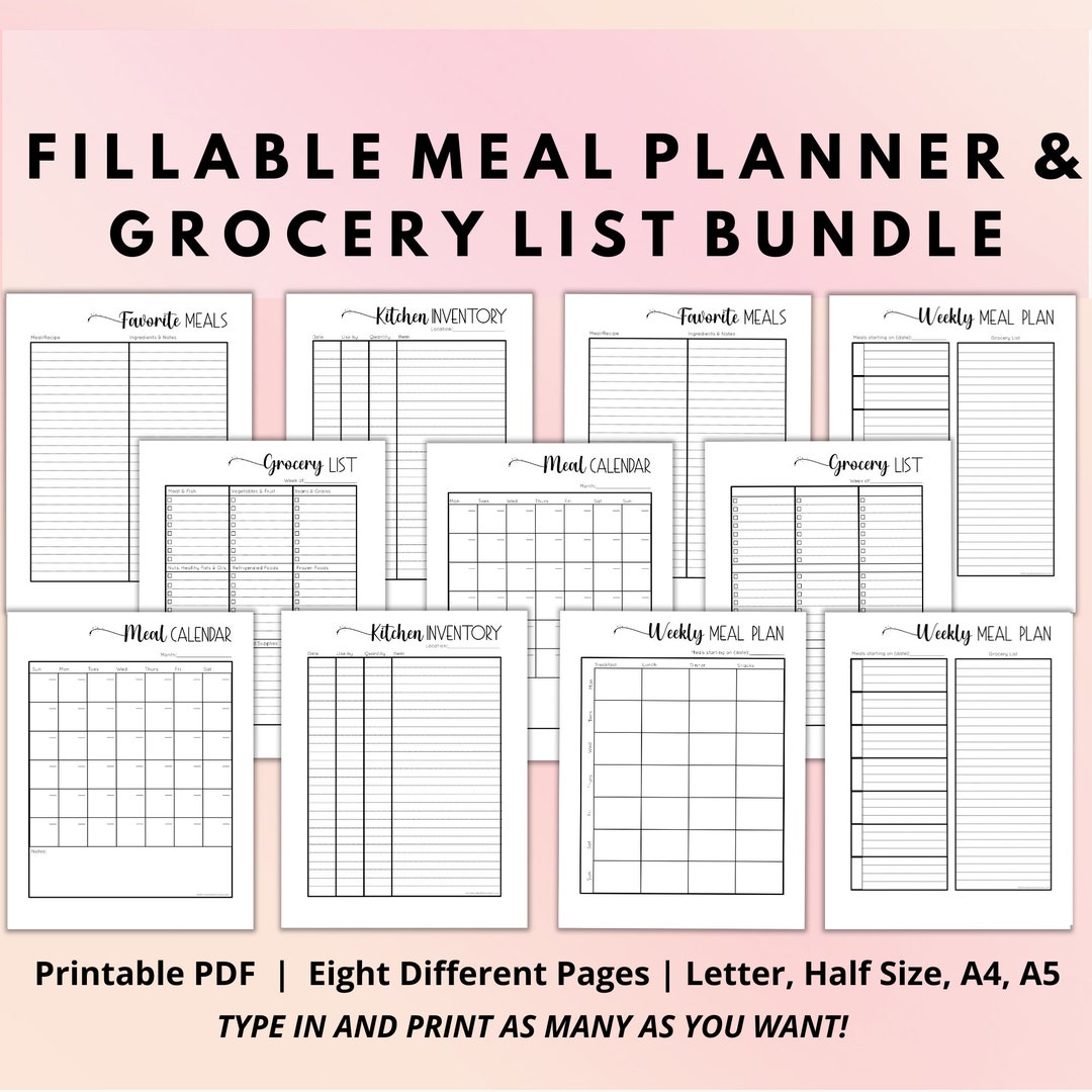 FILLABLE Meal Planner & Grocery List Printable Planner With Etsy