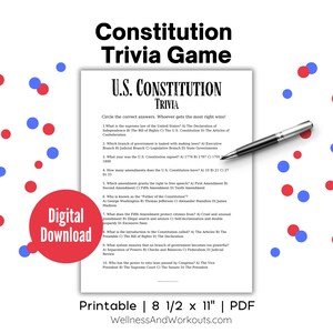 May include: A printable US Constitution trivia game with 10 multiple choice questions. The game is designed for 8.5 x 11 inch paper and is available as a PDF download. The game is perfect for learning about the US Constitution.