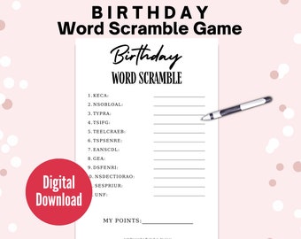 Birthday Word Scramble, Birthday Game, Family Game Night, Group Games, Birthday Printable Games, Games for Adults, Birthday Printable PDF